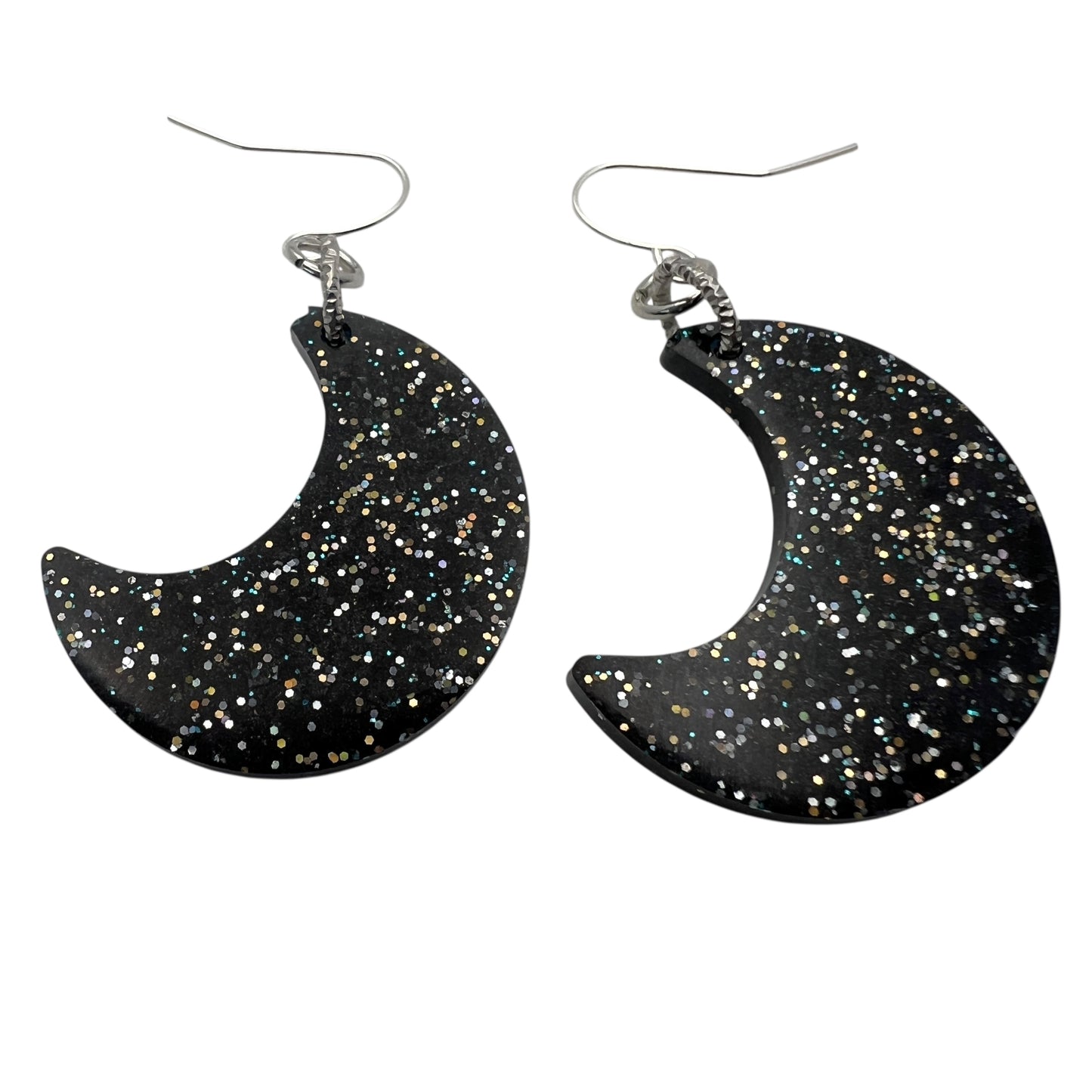 Black Glitter Resin Crescent Moon Earrings