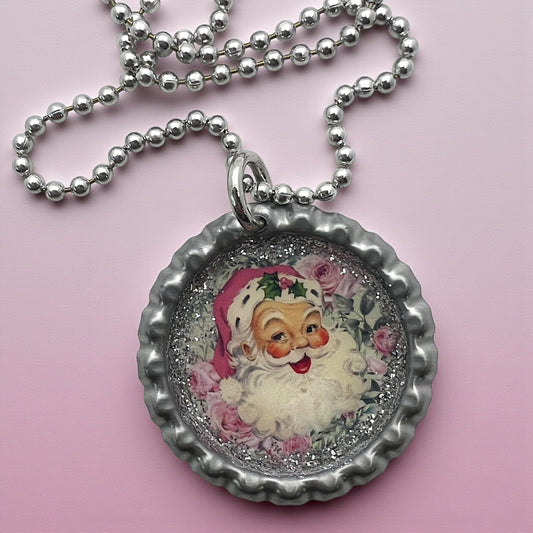 Vintage Pink Santa Bottle Cap Necklace