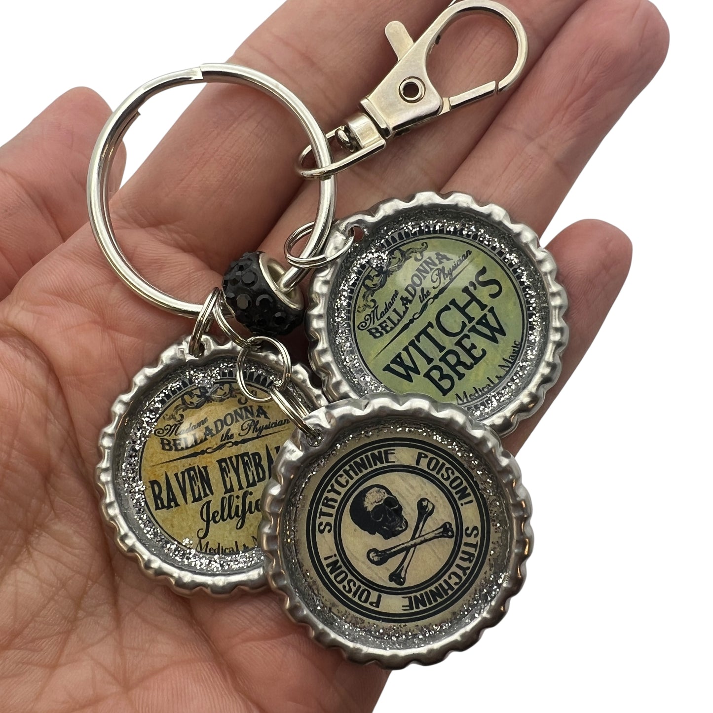 Halloween Potion Bottlecap Keychain – Witch, Raven & Poison Charms