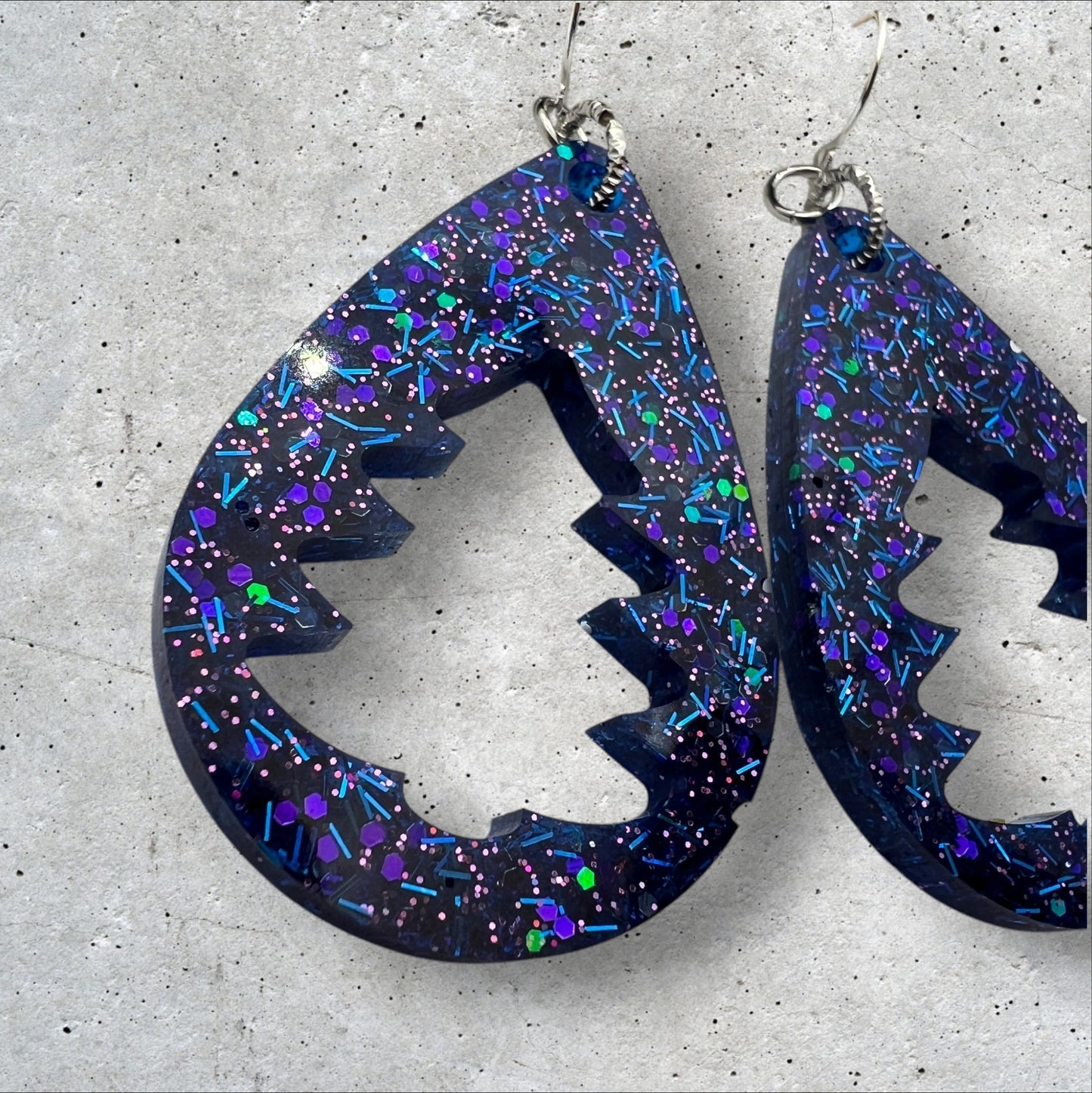 Navy Blue & Purple Confetti Glitter Christmas Tree Cutout Resin Teardrop Earrings