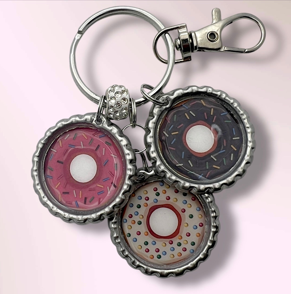 Donut Bottle Cap Keychain – Pink Chocolate Sprinkle Kawaii Dessert Charm