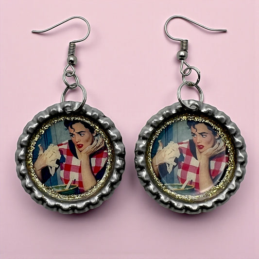 Vintage Kitchen Housewife Bottle Cap Earrings