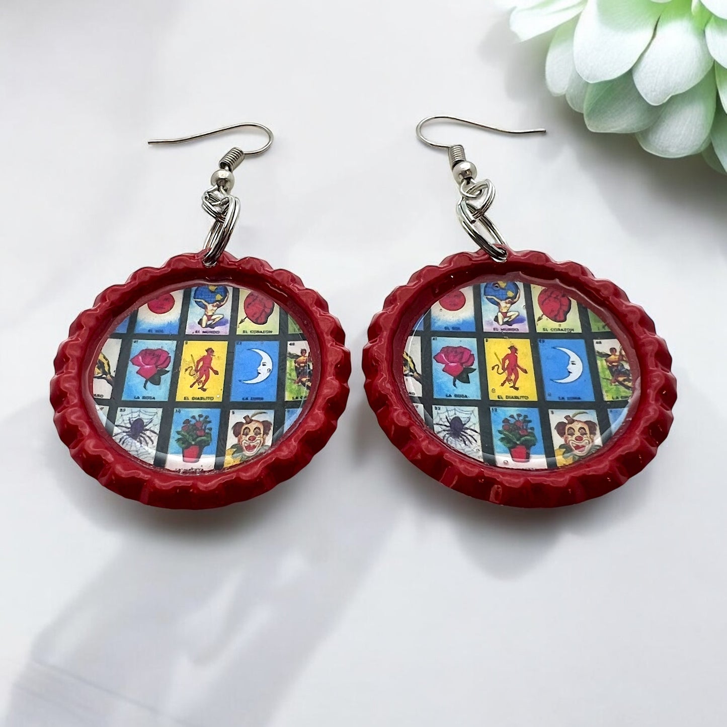 Loteria Cards Collage Red Bottle Cap Earrings