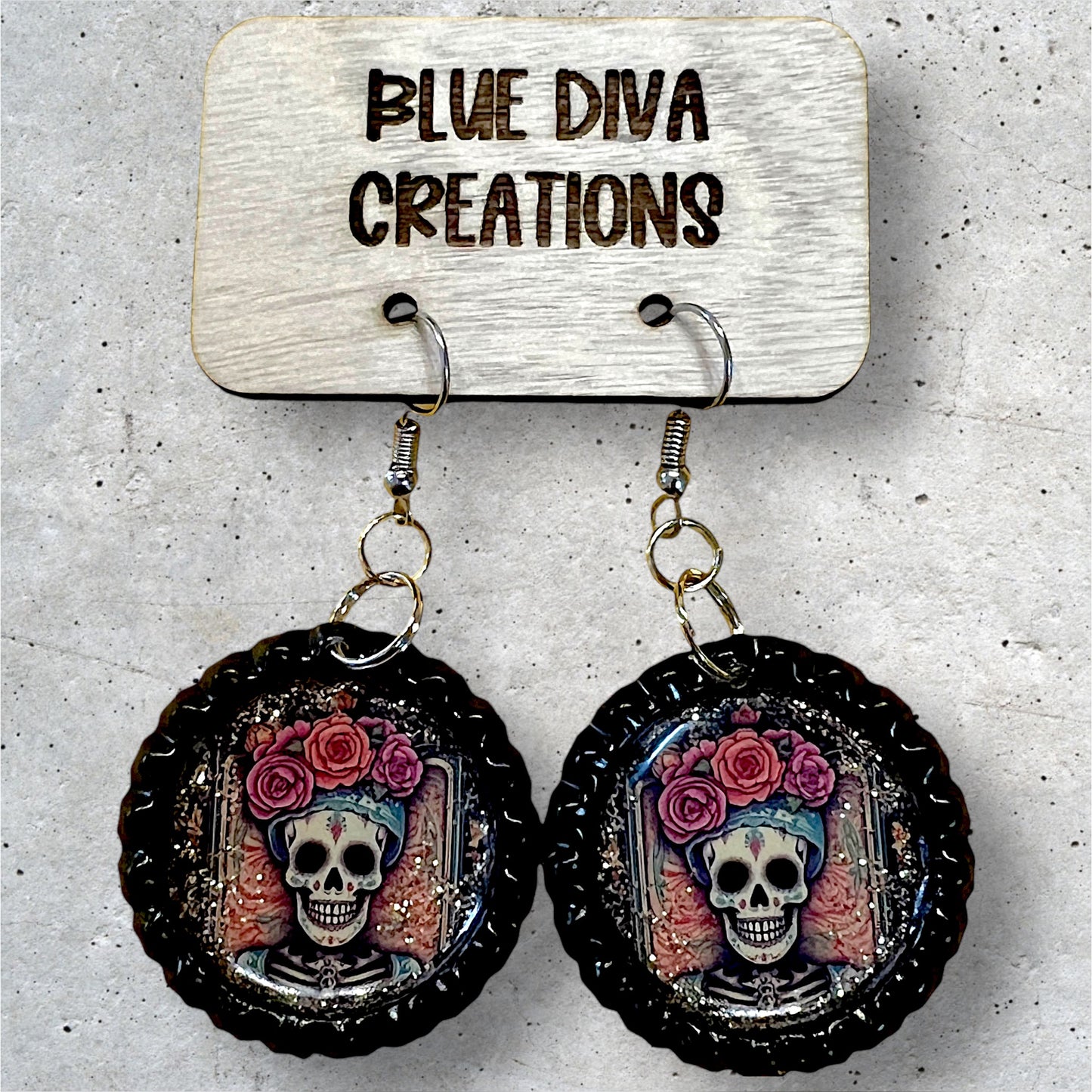 Skull Woman Day of the Dead Muertos Bottle Cap Earrings