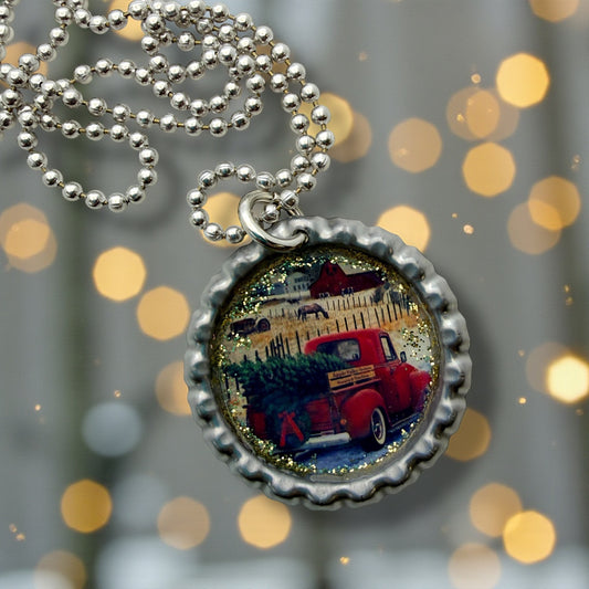 Vintage Red Truck Christmas Bottle Cap Necklace