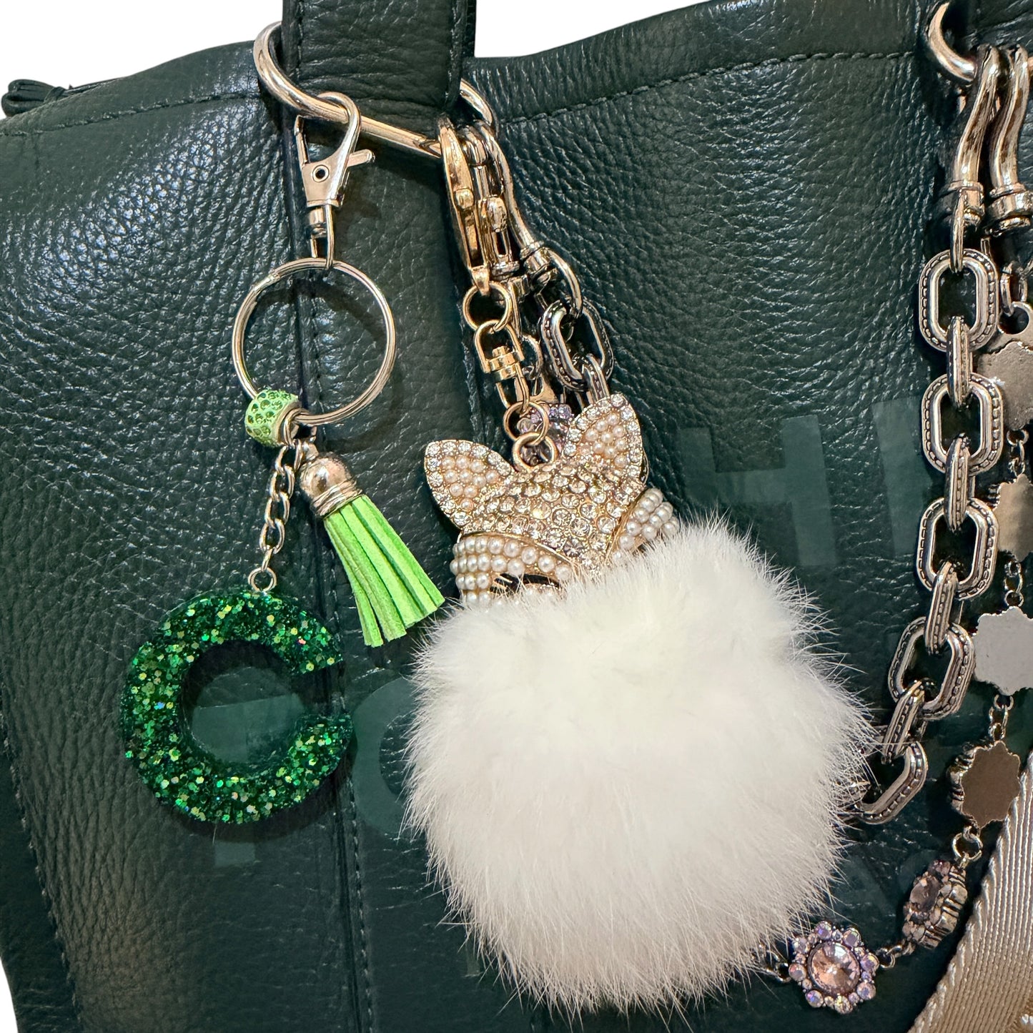 Green Glitter Initial Keychain – Resin Letter Charm with Tassel