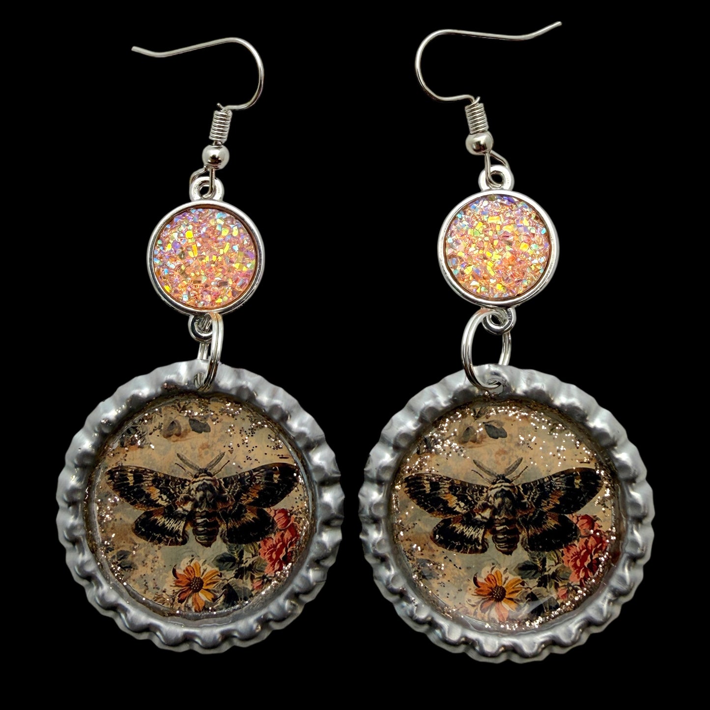 Vintage Moth Bottle Cap Earrings with Peach Druzy Dangle