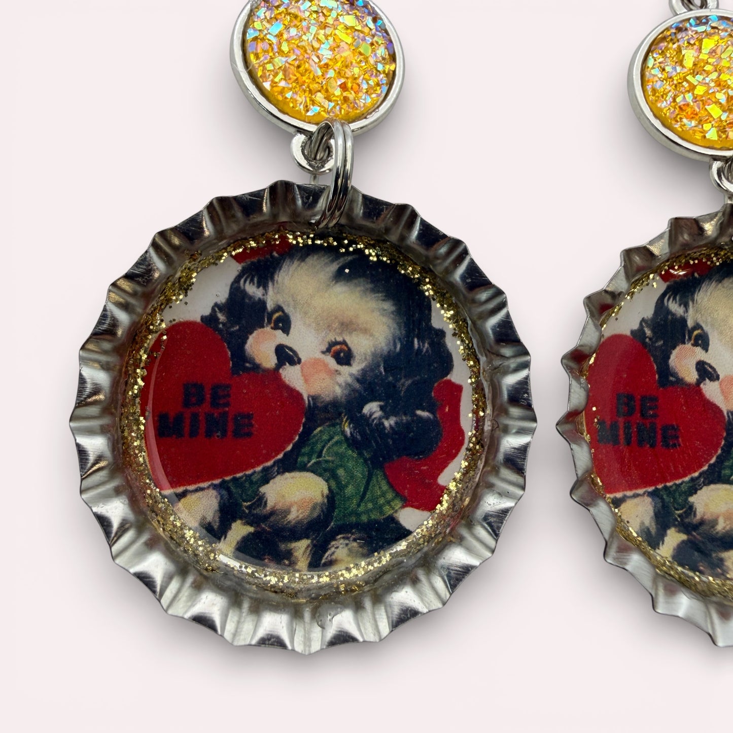 Vintage Valentine Puppy Upcycled Bottle Cap Earrings – Be Mine