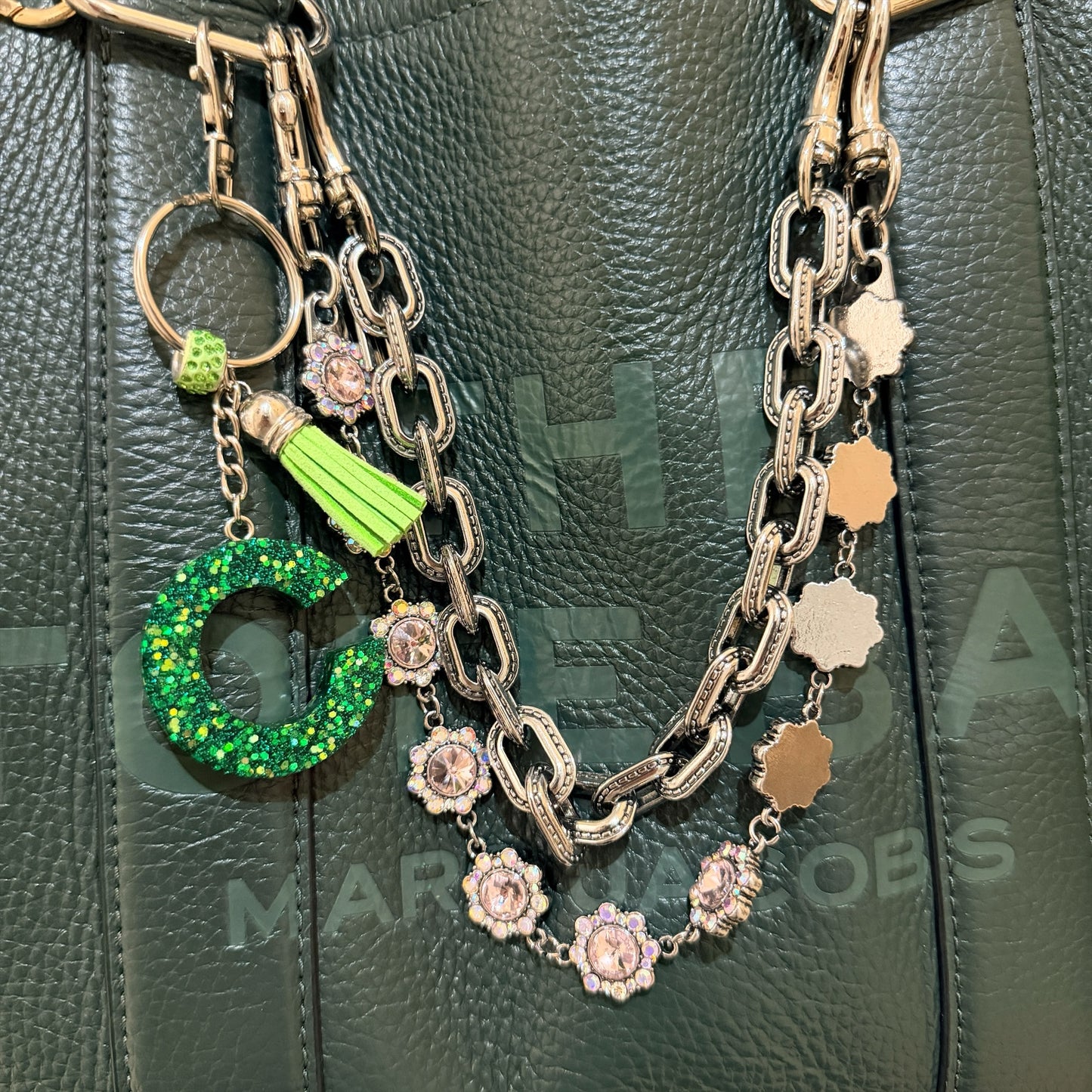 Green Glitter Initial Keychain – Resin Letter Charm with Tassel