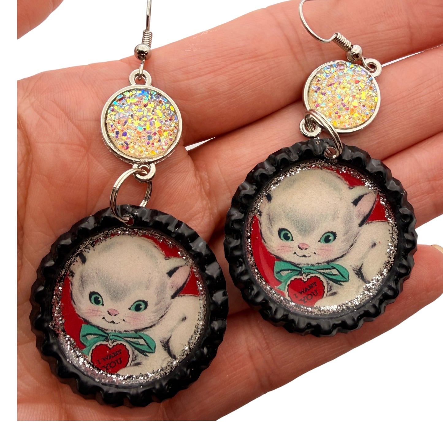 Vintage Valentine Kitten Upcycled Bottle Cap Dangle Earrings