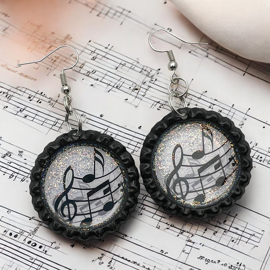 Music Note Bottle Cap Earrings – Glitter Resin Dangle Jewelry for Musicians & Music Lovers