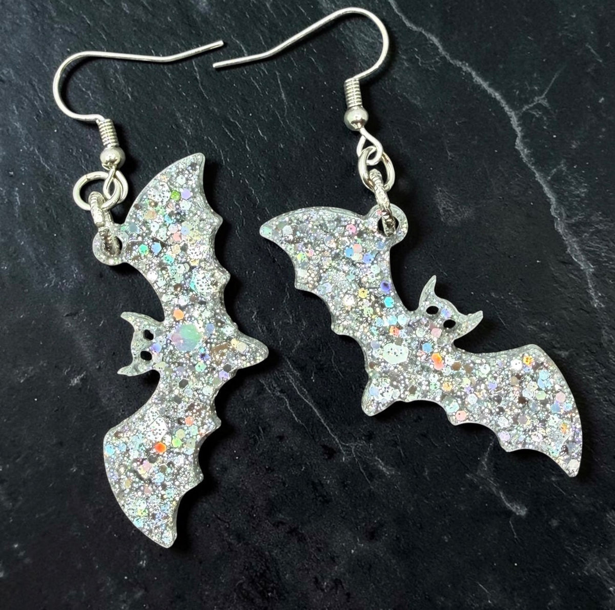 Silver Holographic Glitter Bat Earrings