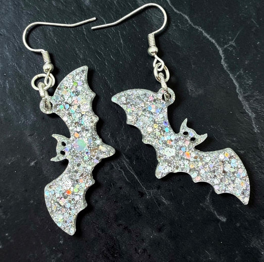 Silver Holographic Glitter Bat Earrings