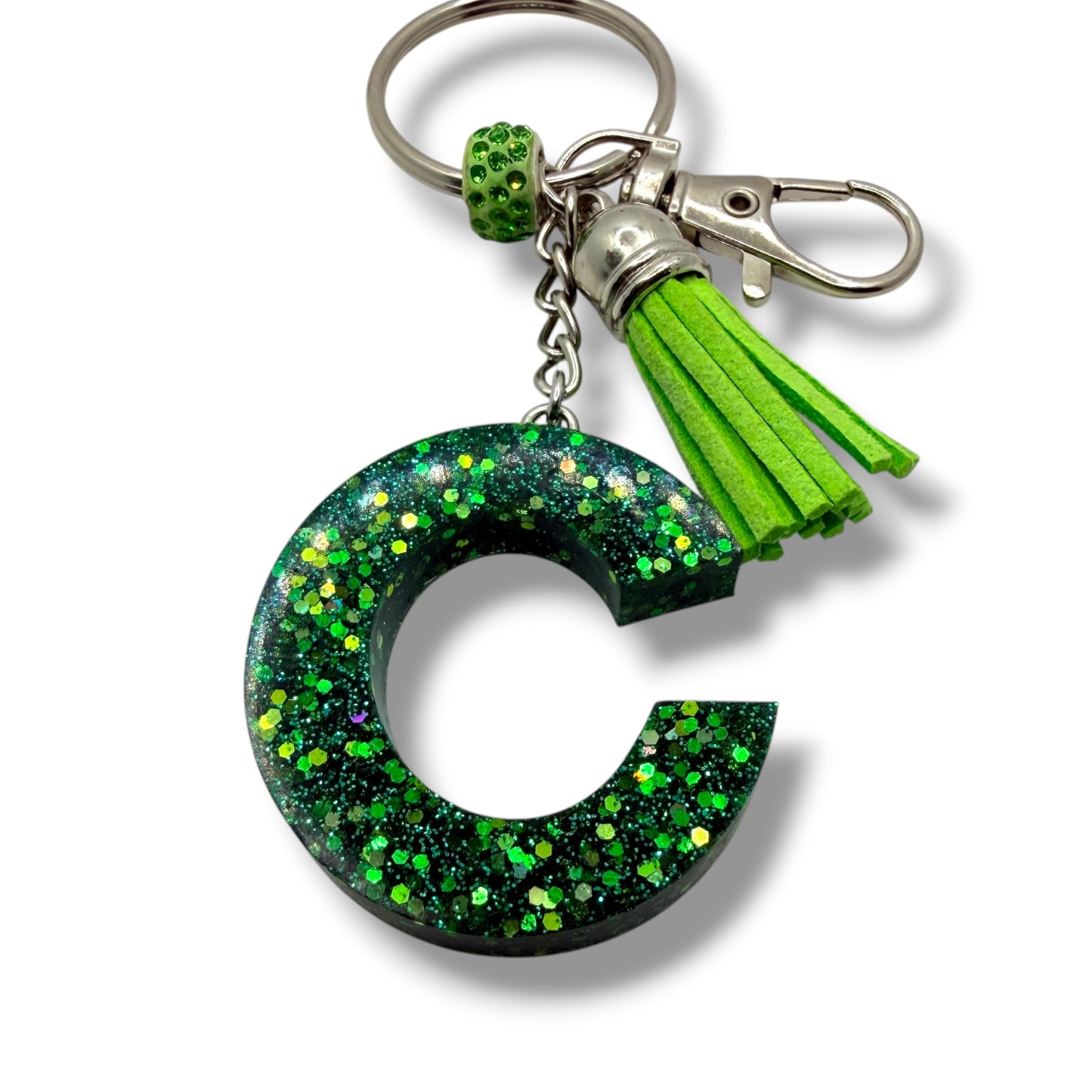Green Glitter Initial Keychain – Resin Letter Charm with Tassel