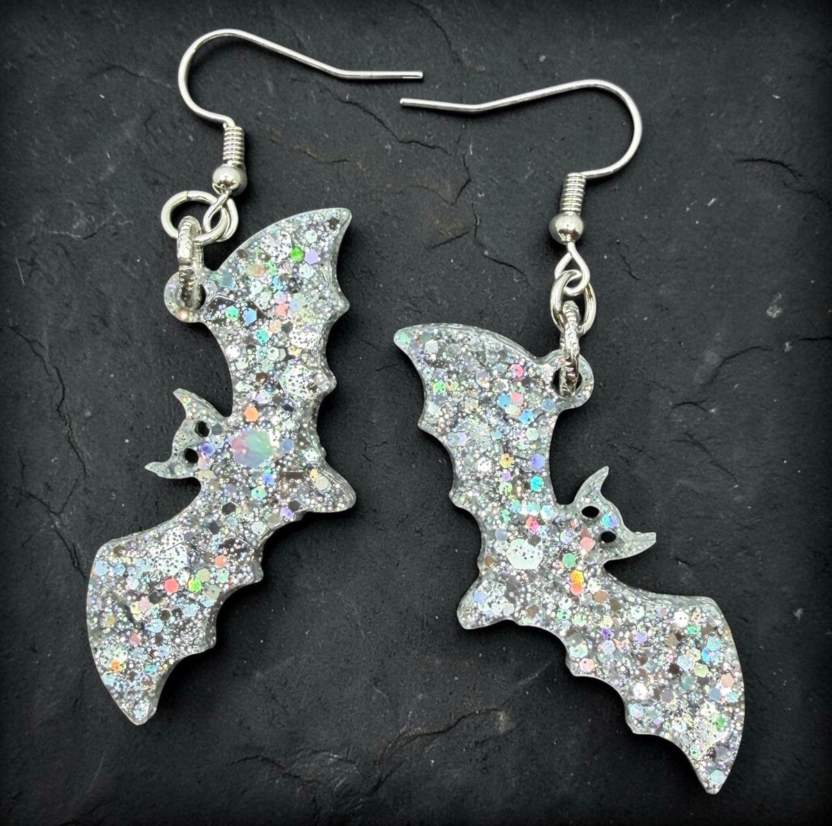 Silver Holographic Glitter Bat Earrings