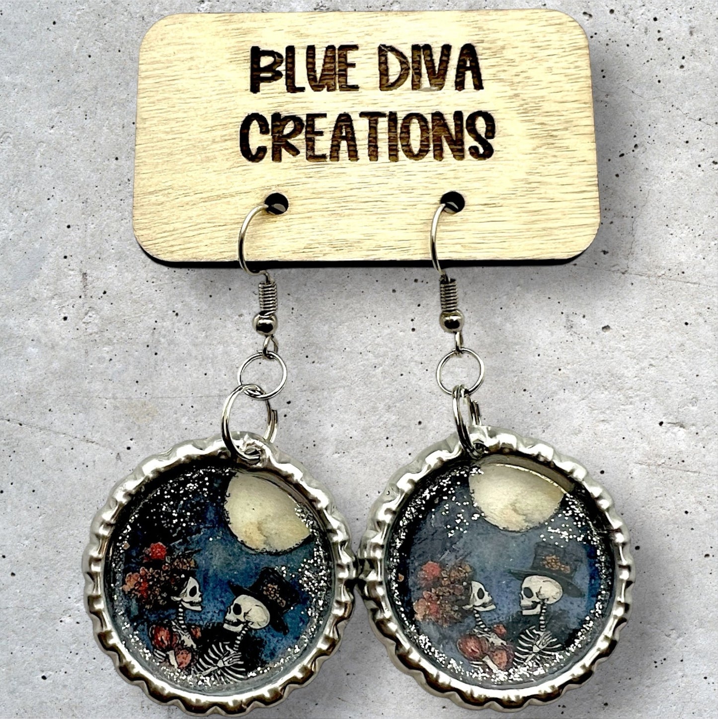 “Dancing in the Moonlight”Skeleton Couple Bottle Cap Earrings