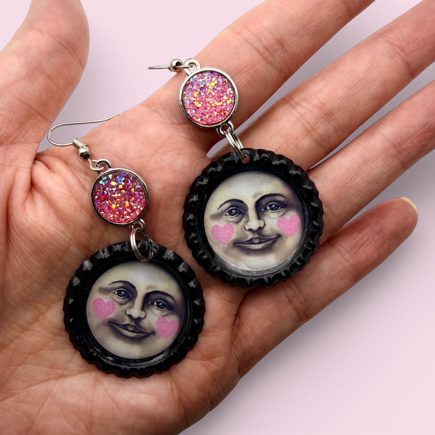 Moon Face Bottle Cap Dangle Earrings with Pink Hearts