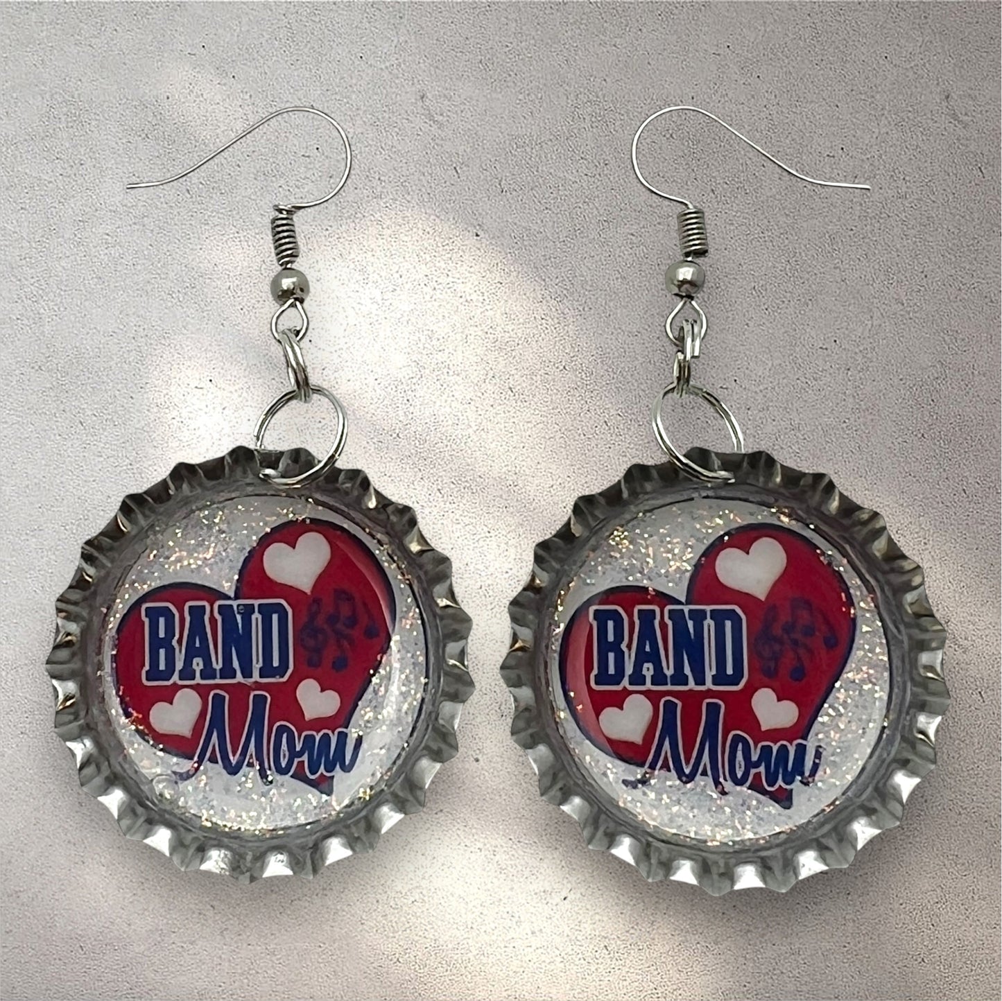 Blue & Red Band Mom Bottle Cap Earrings – Glitter Heart Music Note Dangle Jewelry