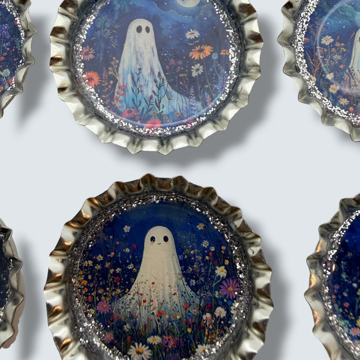 Spooky Floral Ghost Bottle Cap Magnet Set