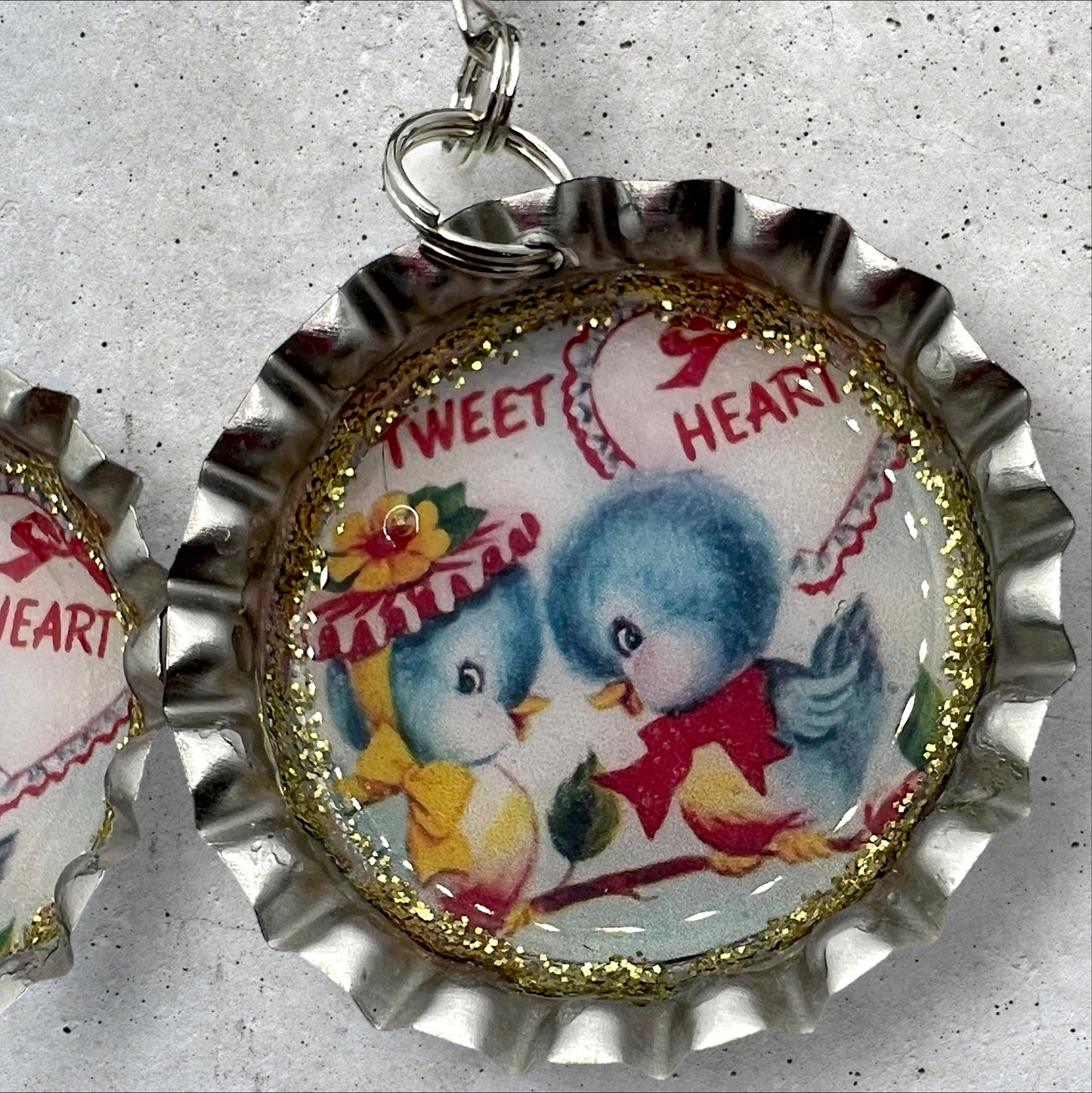 Valentine theme bottle cap earrings featuring vintage little bluebirds