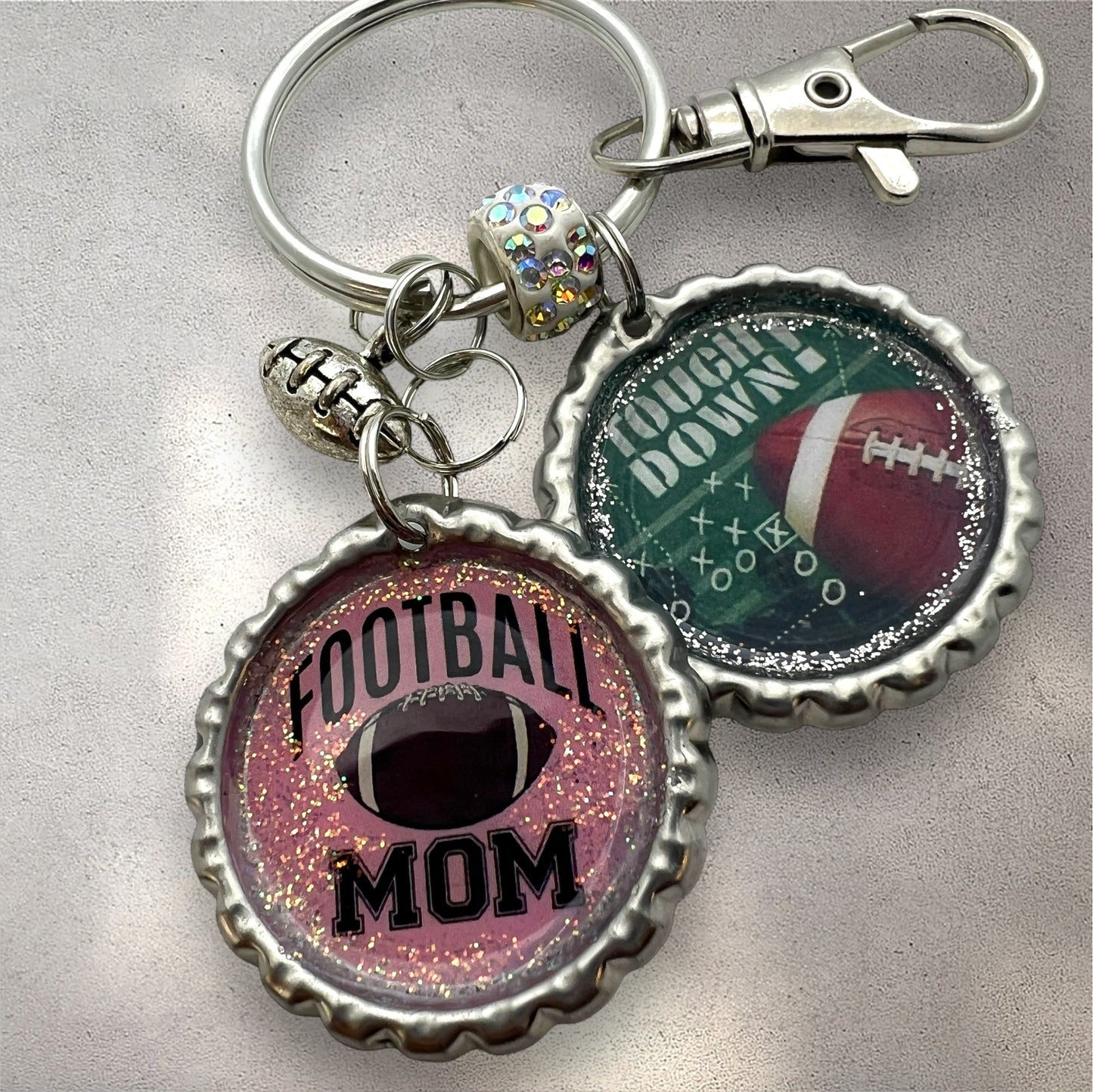 Football Mom & Touchdown Bottle Cap Keychain – Glitter Resin Sports Accessory