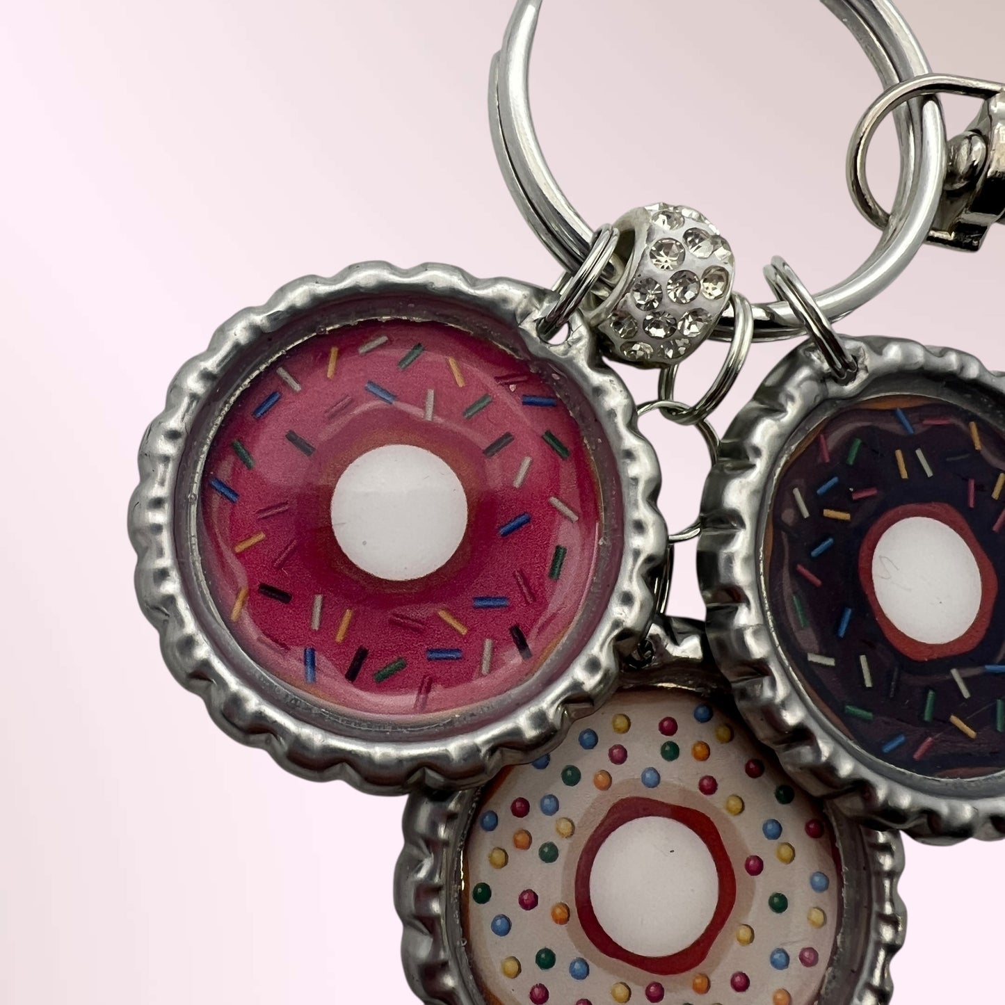 Donut Bottle Cap Keychain – Pink Chocolate Sprinkle Kawaii Dessert Charm