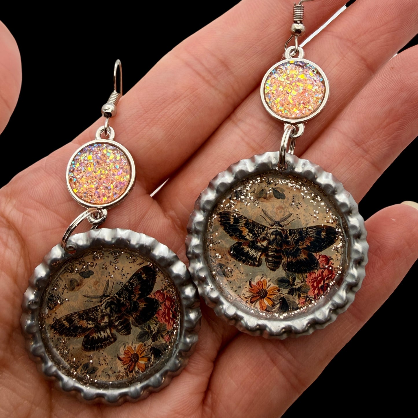 Vintage Moth Bottle Cap Earrings with Peach Druzy Dangle