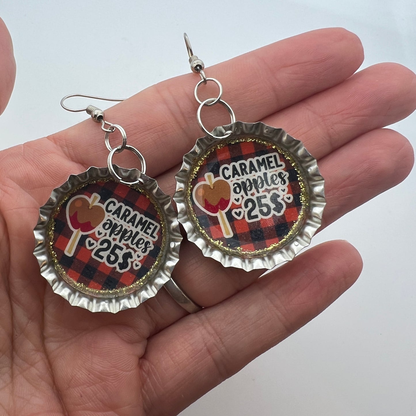 Caramel Apple Earrings – Fall Bottle Cap Jewelry with Buffalo Plaid & Glitter