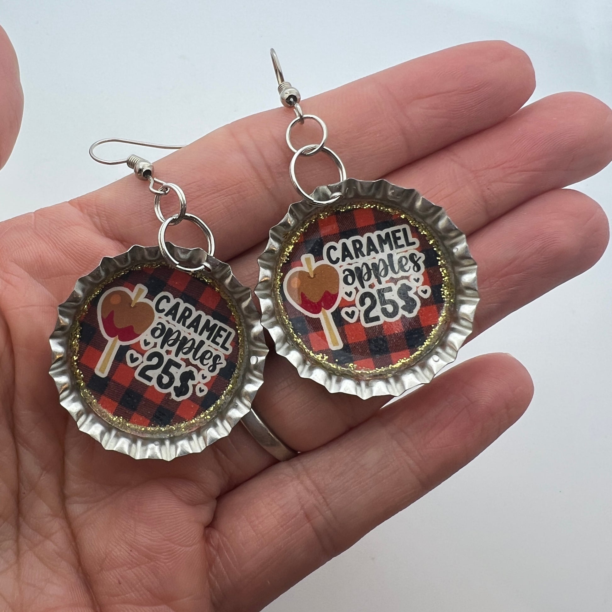 Caramel Apple Earrings – Fall Bottle Cap Jewelry with Buffalo Plaid & Glitter