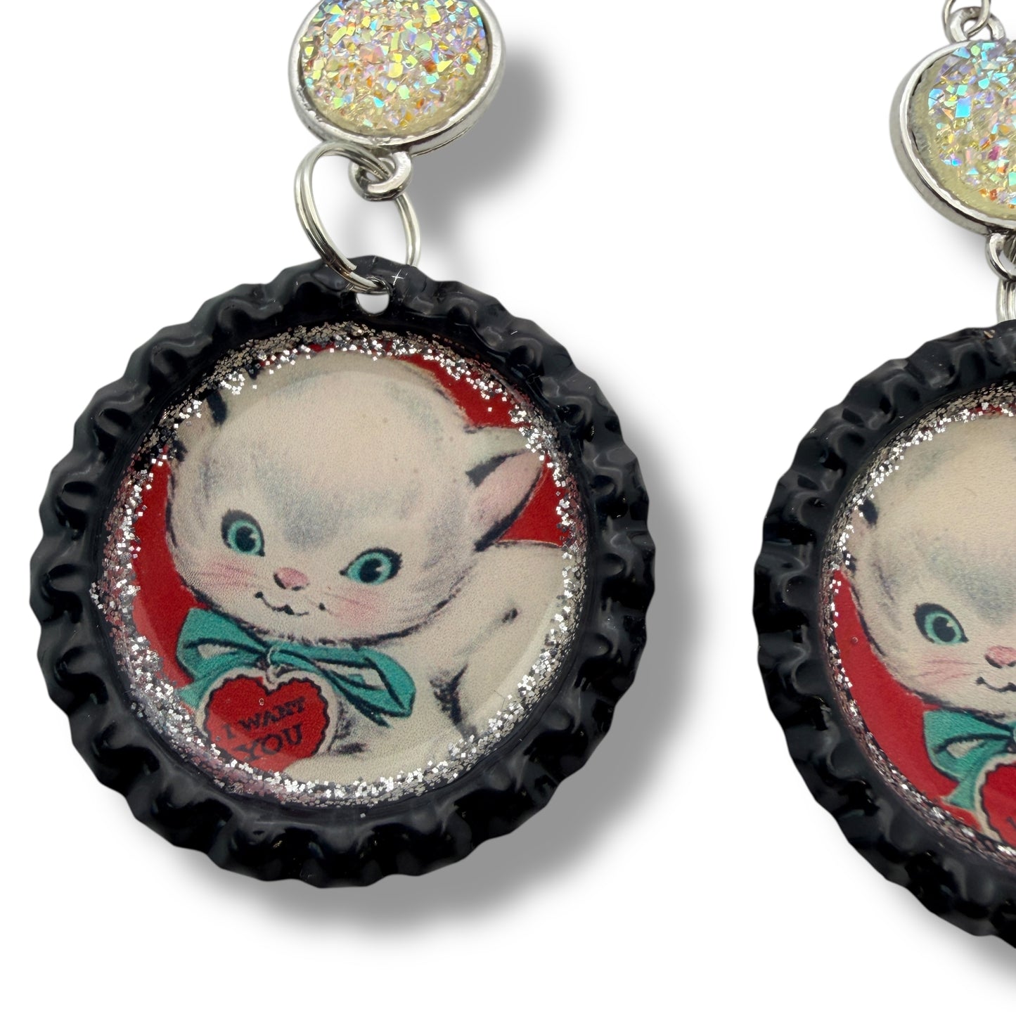Vintage Valentine Kitten Upcycled Bottle Cap Dangle Earrings