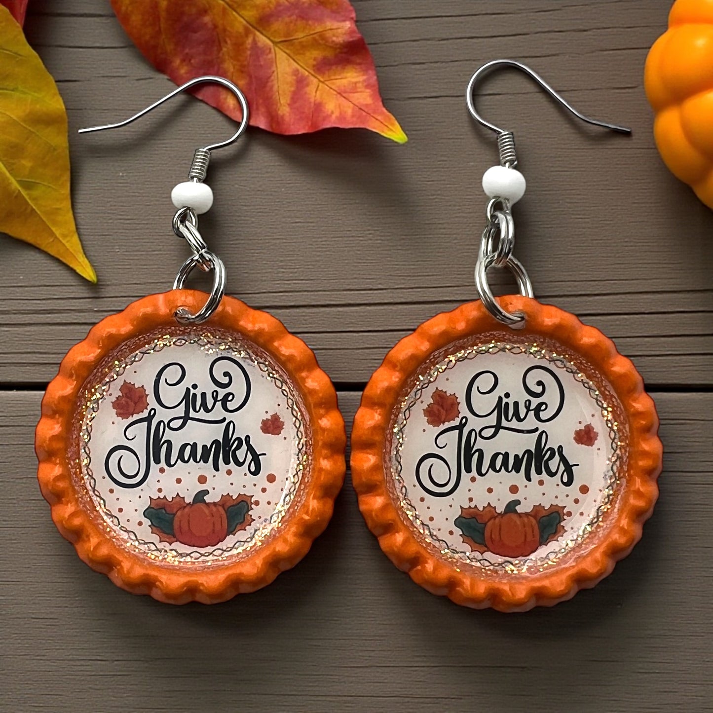 Give Thanks Pumpkin Bottle Cap Earrings