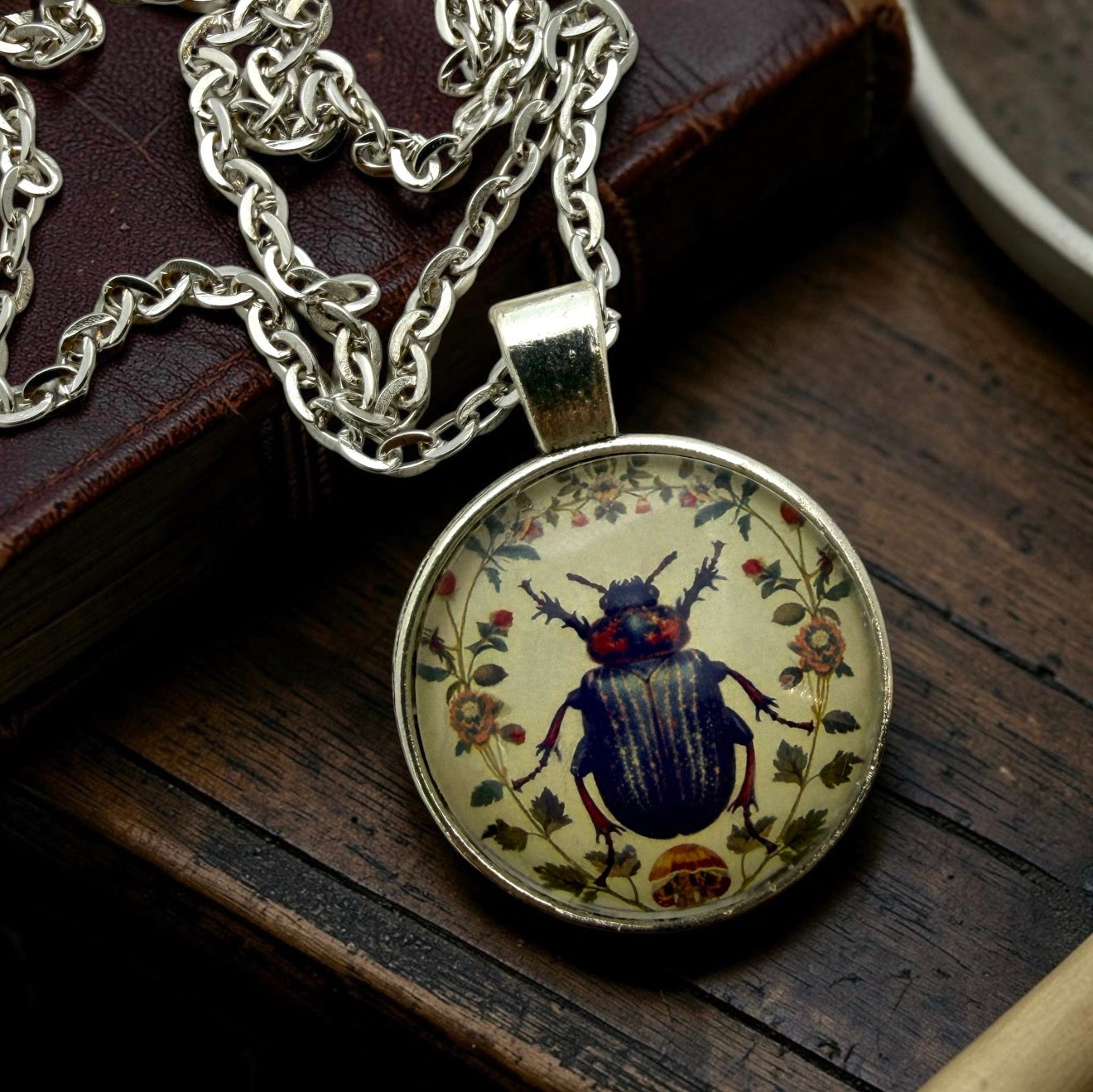 Gothic Beetle Glass Pendant Necklace