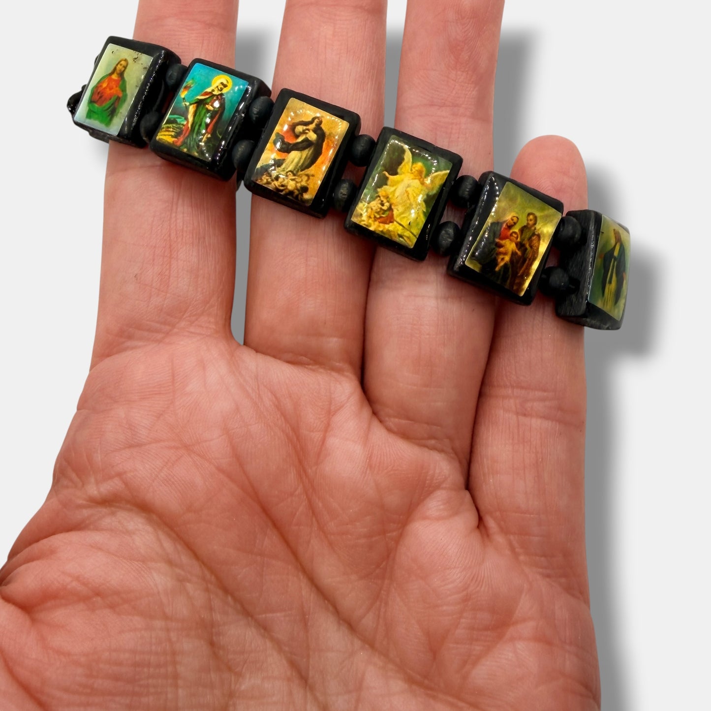 Catholic Saints Icon Stretch Bracelet – Black Wood Religious Jewelry