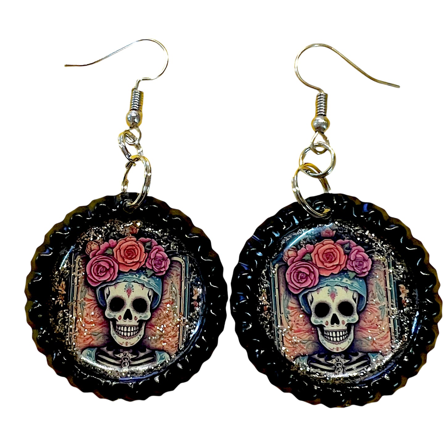 Skull Woman Day of the Dead Muertos Bottle Cap Earrings