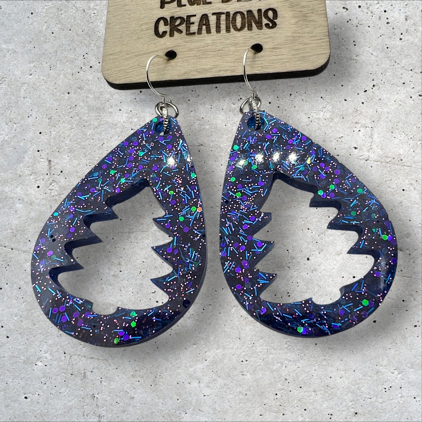 Navy Blue & Purple Confetti Glitter Christmas Tree Cutout Resin Teardrop Earrings