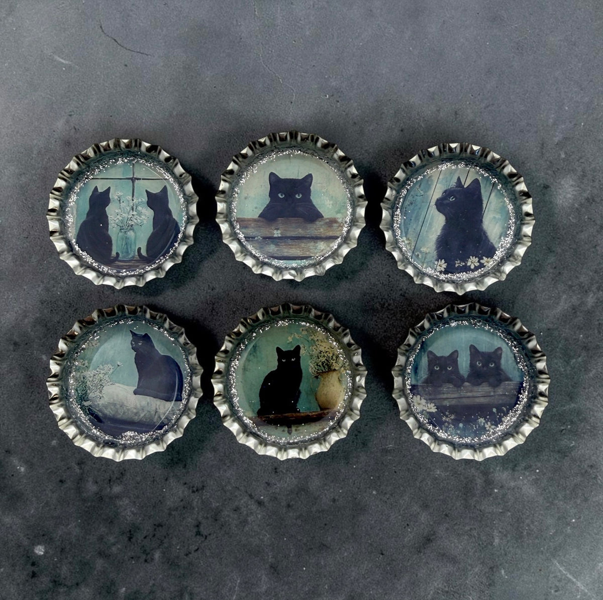 Vintage Black Cat Bottle Cap Magnets
