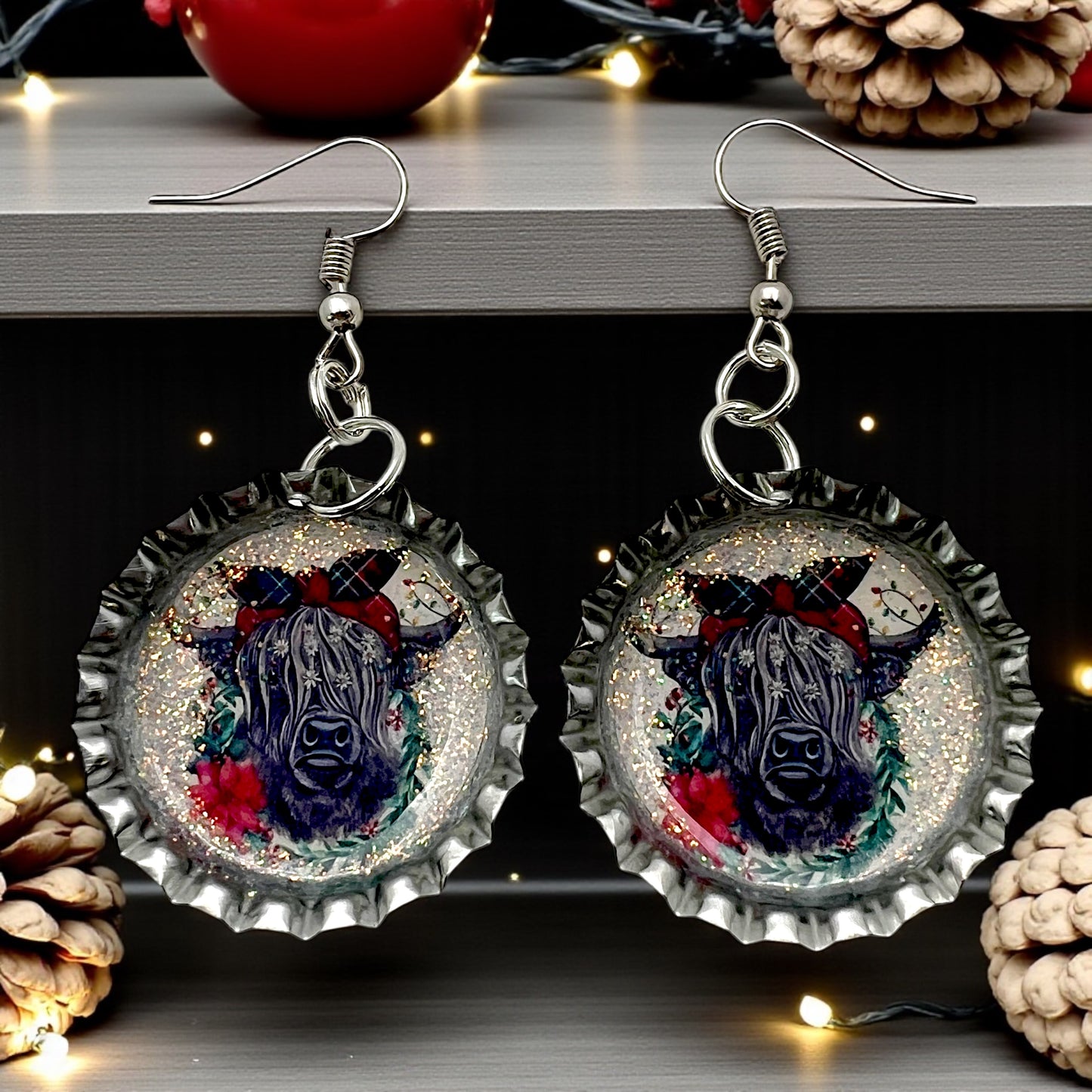 Christmas Highland Cow Bottle Cap Earrings