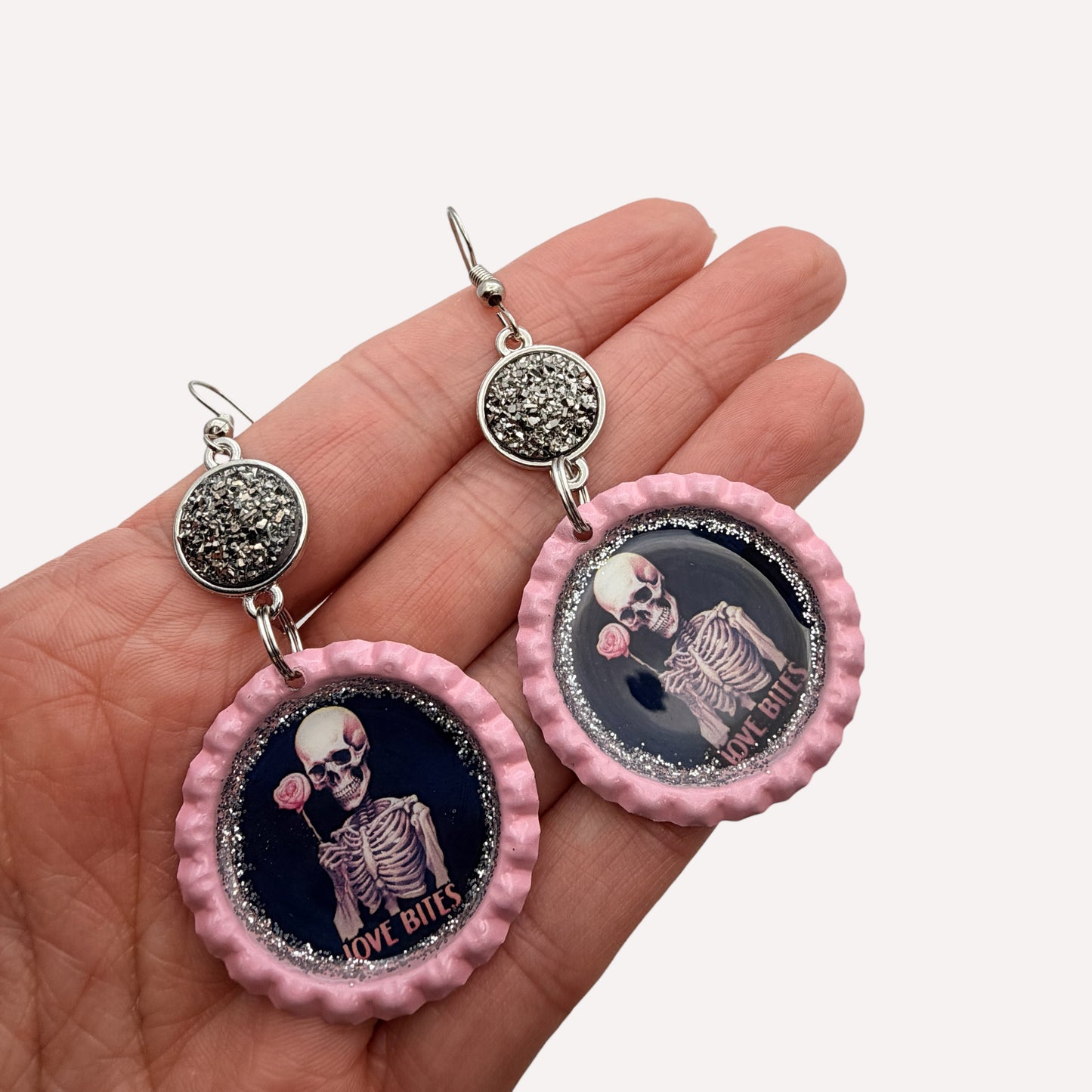 Goth “Love Bites” Skeleton Rose Druzy Bottle Cap Earrings