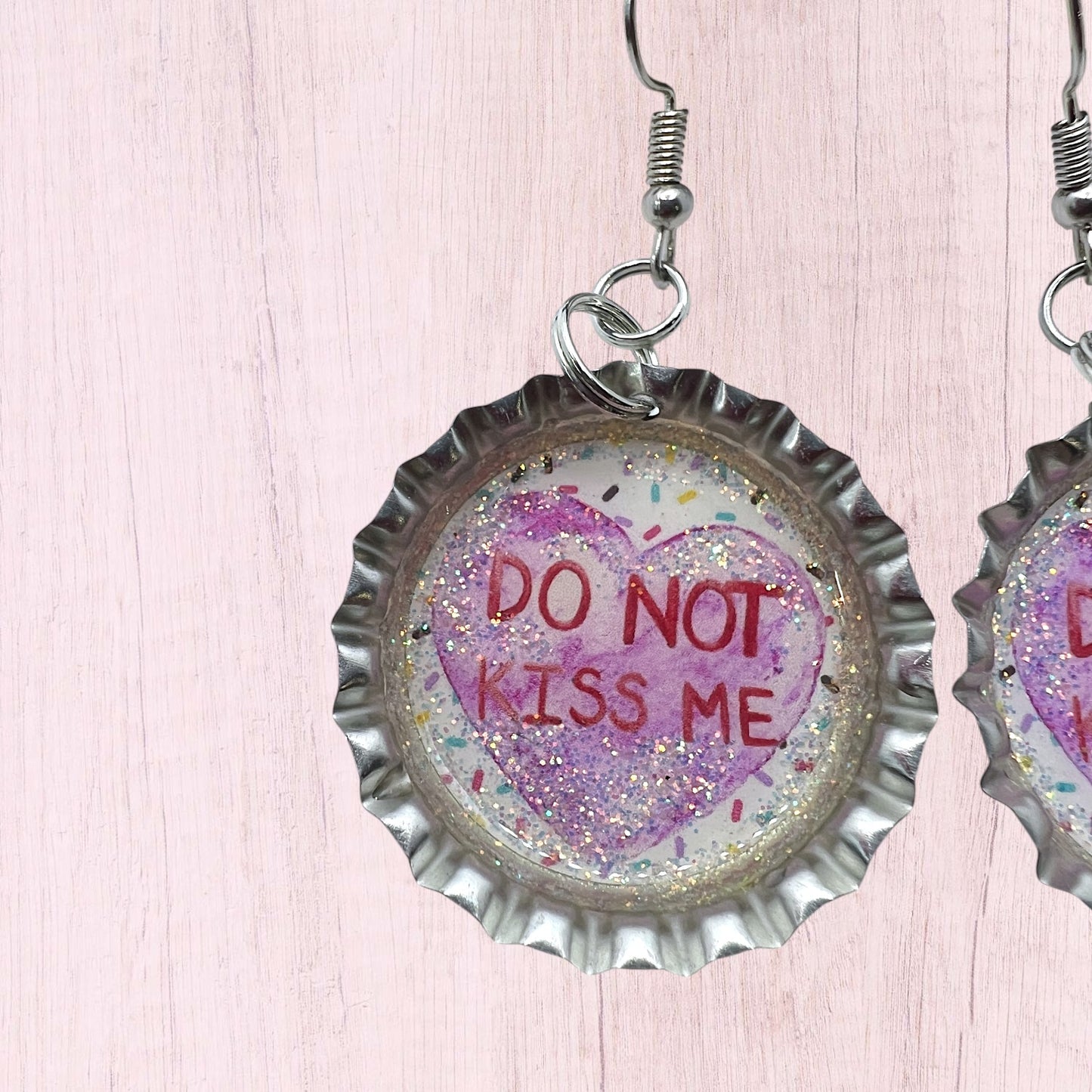 Valentine “Do Not Kiss Me” Bottle Cap Earrings