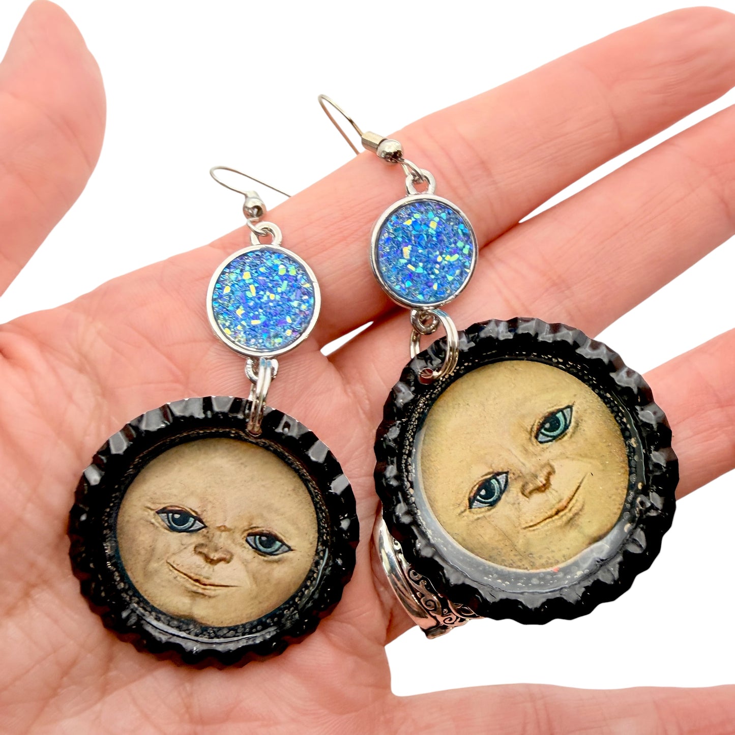 Moon Face Bottle Cap Earrings with Blue Druzy