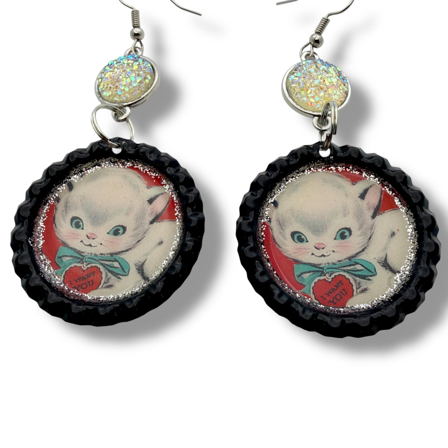 Vintage Valentine Kitten Upcycled Bottle Cap Dangle Earrings