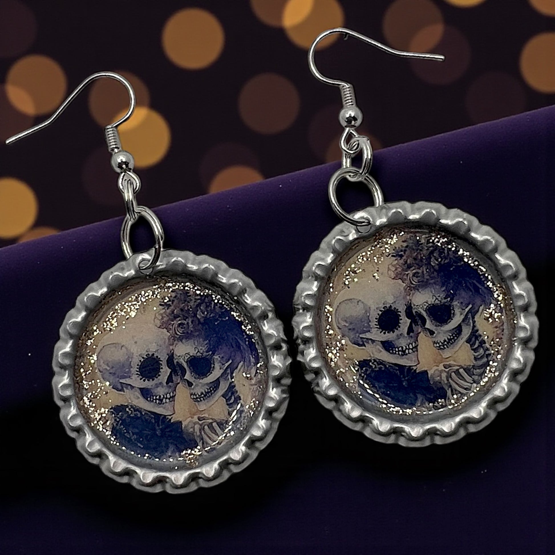 Skeleton Couple Bottle Cap Earrings 