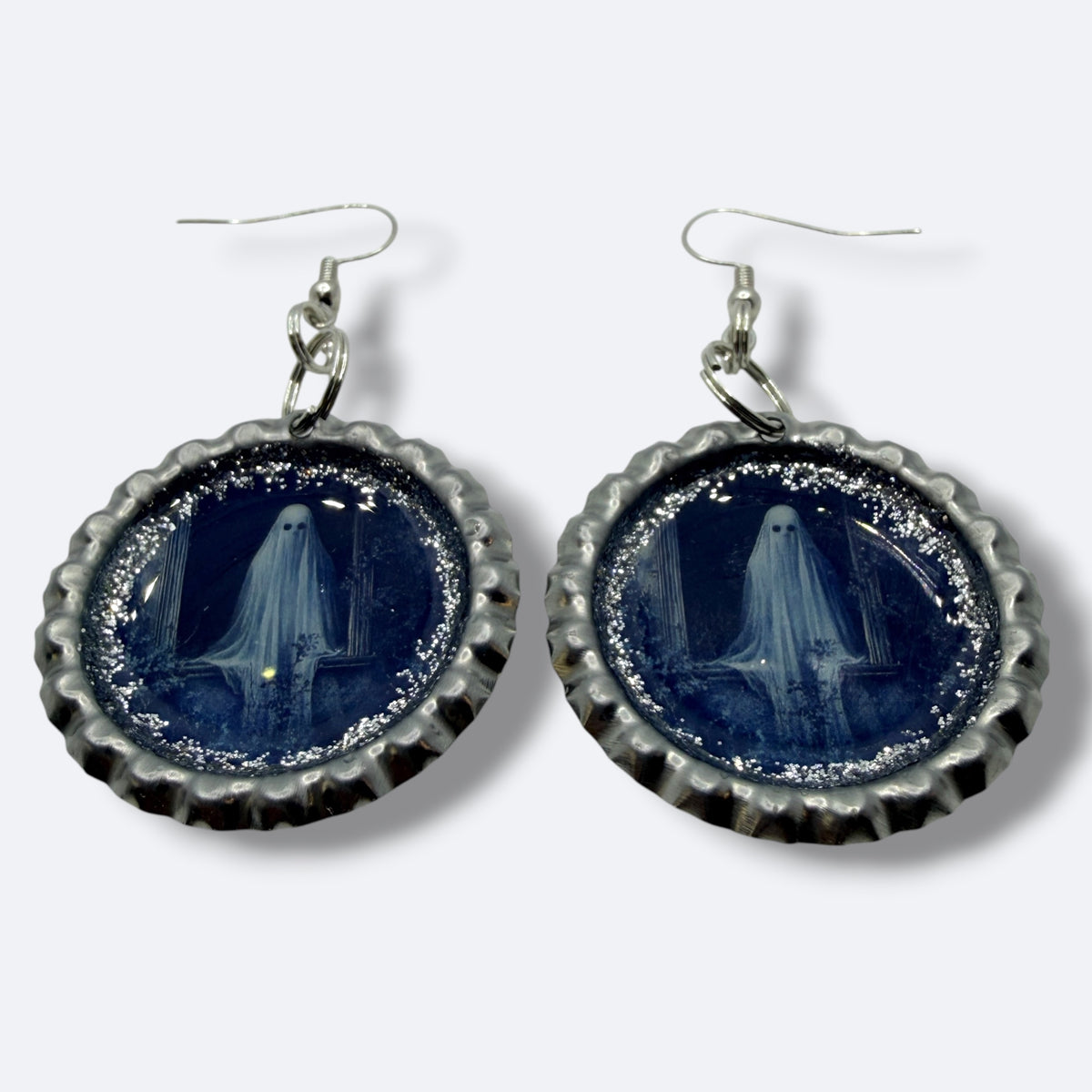Ghost Bottle Cap Earrings – Silver Glitter Spooky Dangles