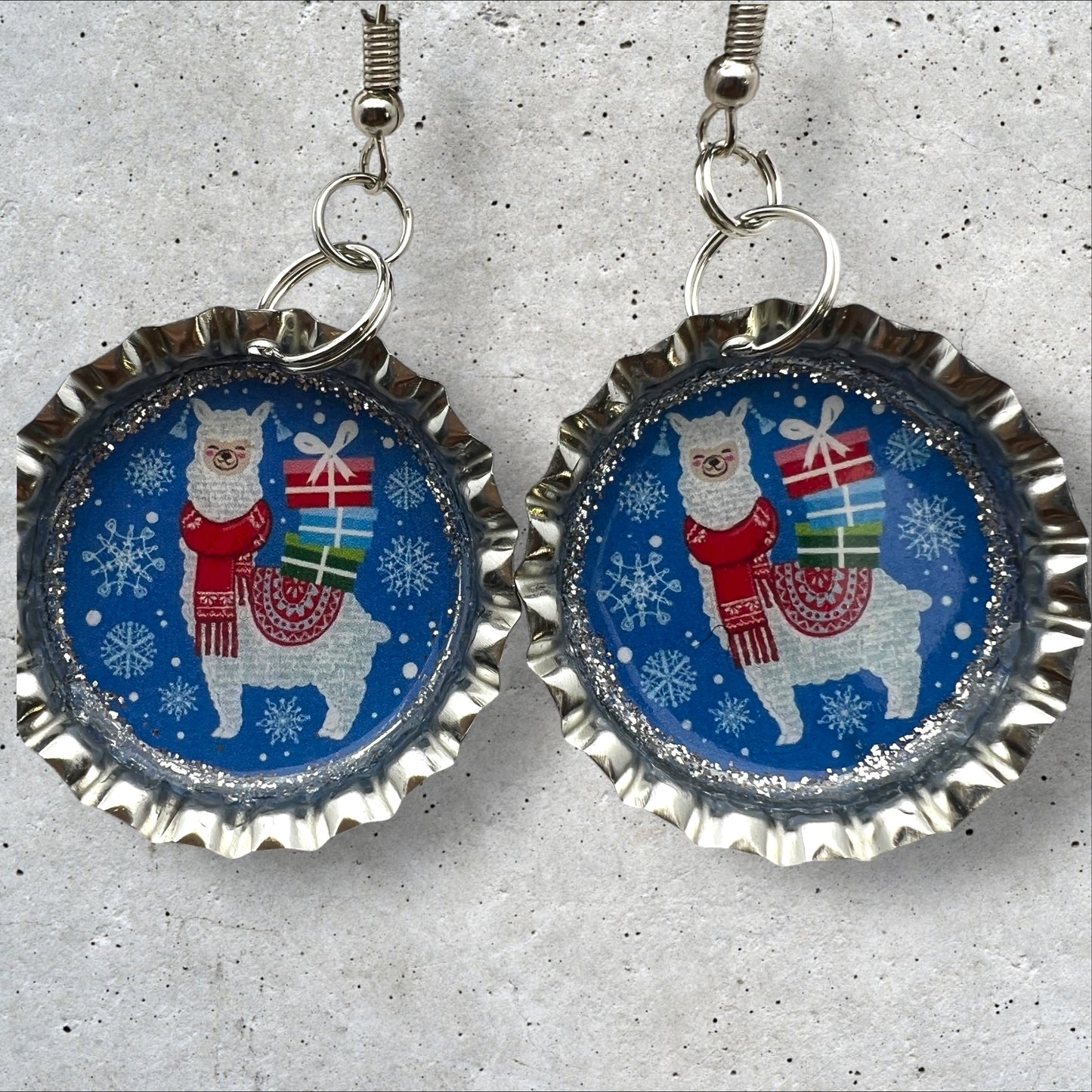 Festive Christmas Llama Bottle Cap Earrings