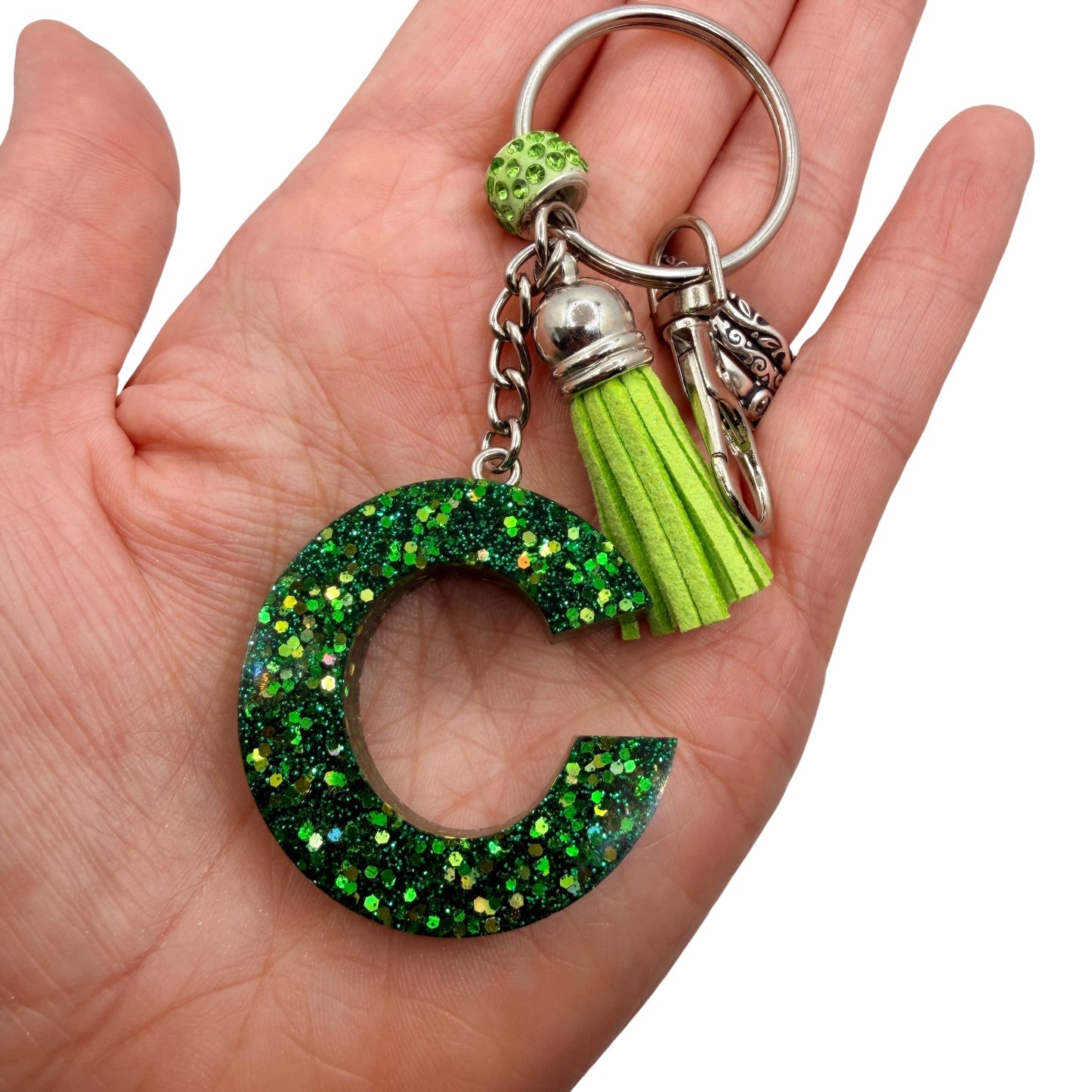 Green Glitter Initial Keychain – Resin Letter Charm with Tassel