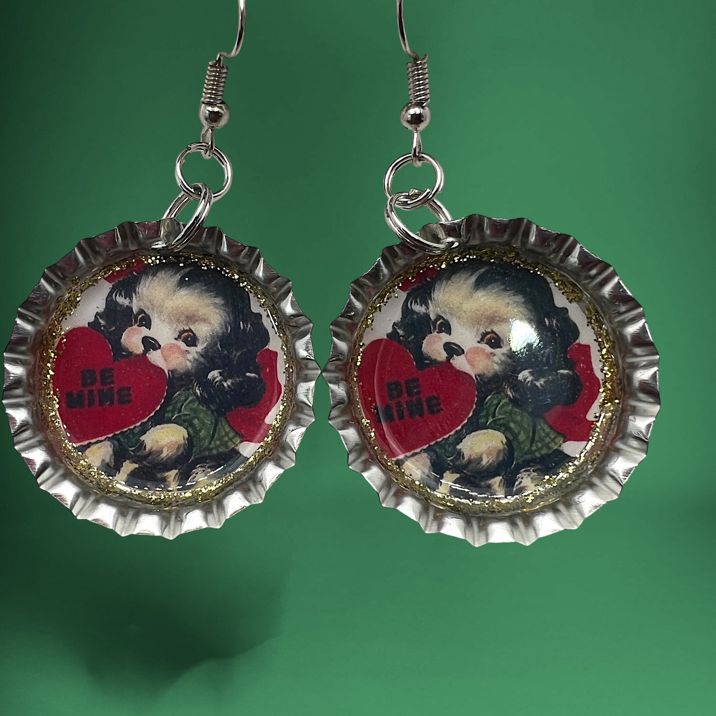 Vintage Valentine Puppy Bottle Cap Earrings