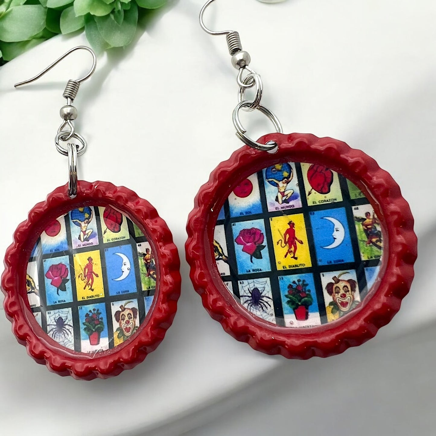 Loteria Bottle Cap Earrings – Upcycled Red Cap Jewelry, Mexican Bingo Game Art, Retro Folk Style Accessories