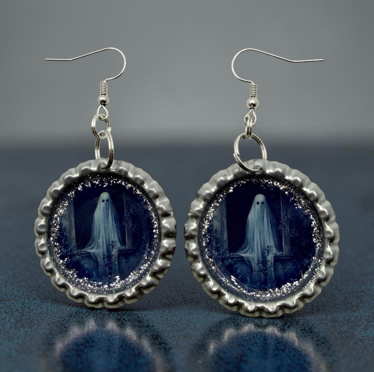Ghost Bottle Cap Earrings – Silver Glitter Spooky Dangles