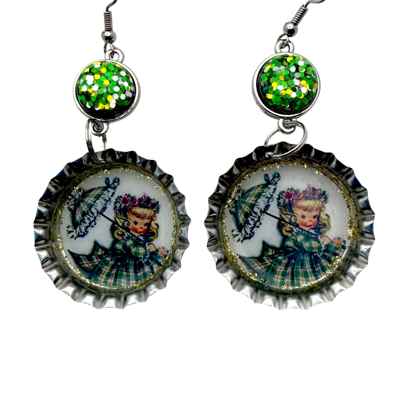Retro Girl with Umbrella St. Patrick’s Day Bottle Cap Earrings