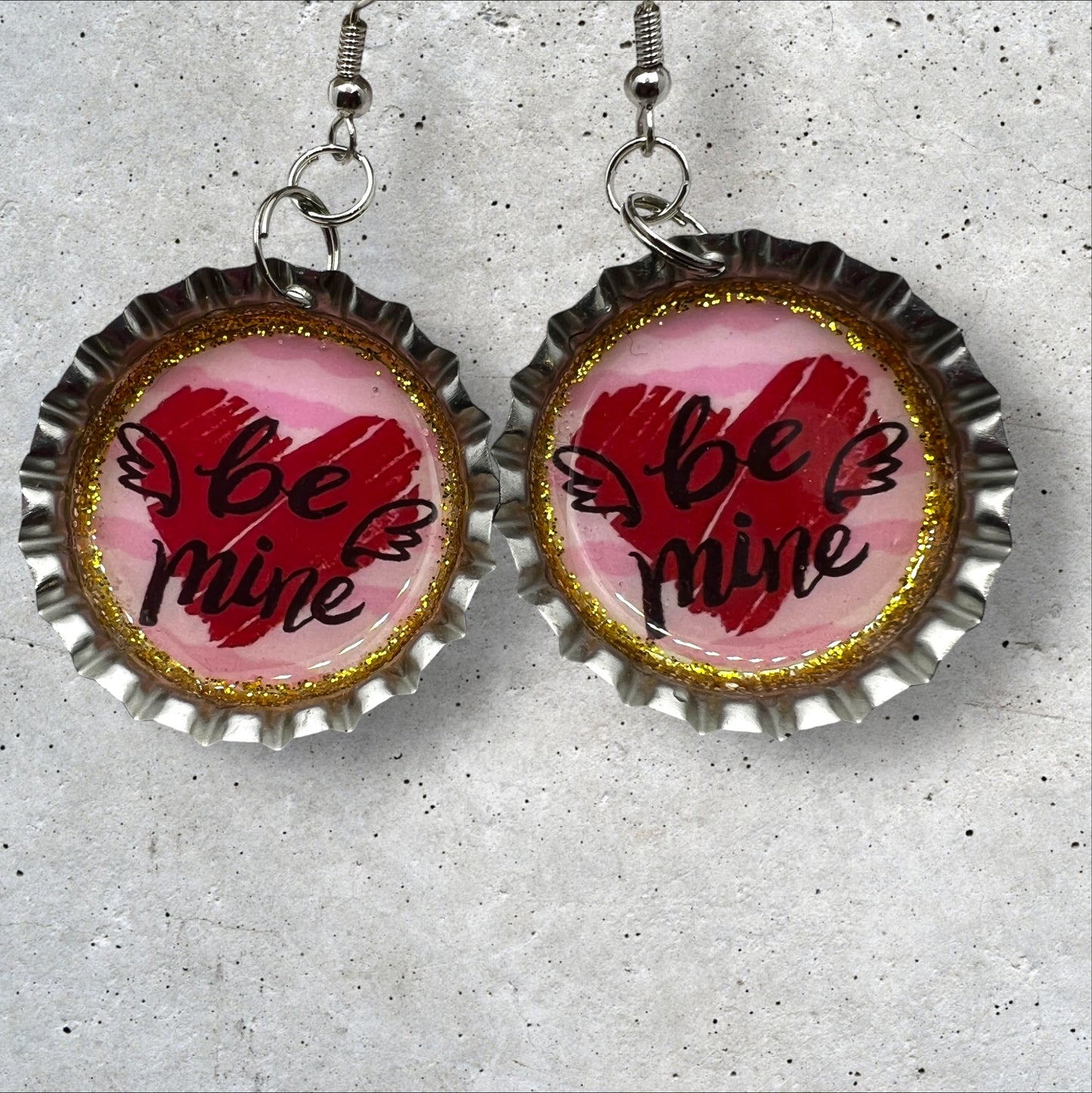 “Be Mine” Valentine Bottle Cap Earrings